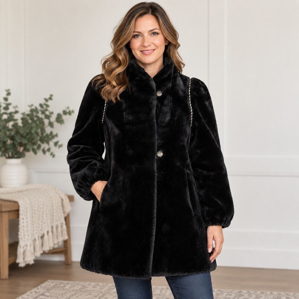 Vintage Sears Womens Faux Fur Coat Black Cord Accent Jacket Size 11 12 USA